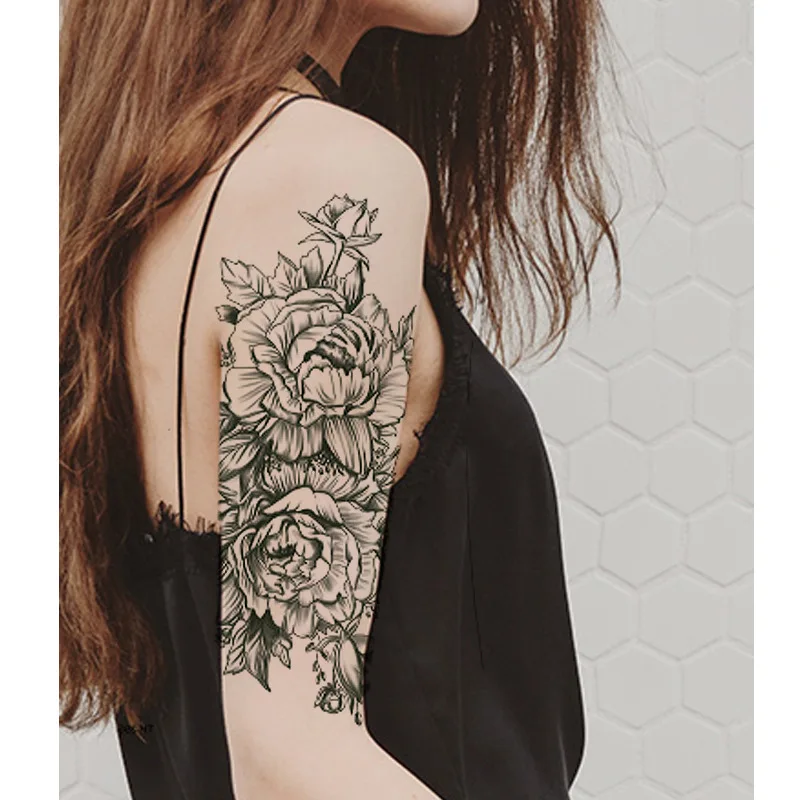 

1 Piece Temporary Tattoo Sticker Black Roses Design Full Flower Arm Body Art Big Large Fake Tattoo Sticker