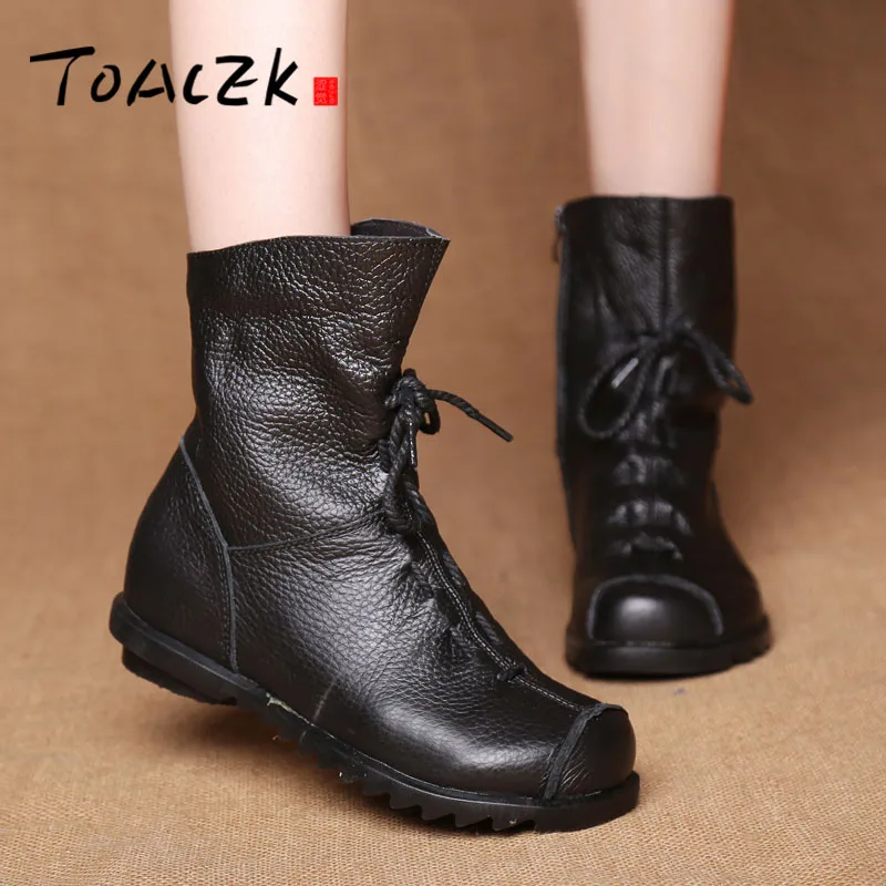 

Spring and autumn hand-tied leather women's boots with pleated national wind, leather low heeled comfortable boots