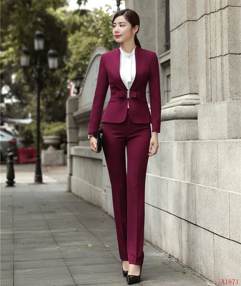 Traje de negocios Formal para mujer, conjunto de chaqueta y pantalón, Blazer rojo vino, uniforme de oficina, estilos de de pantalón| - AliExpress