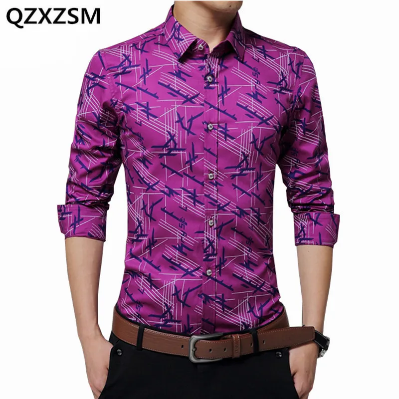QZXZSM 2017 New spring Fashion Men cotton Slim Fit Men Long Sleeve Shirt Men printing Casual