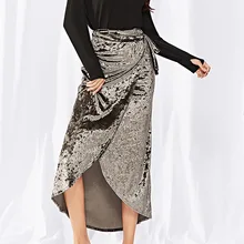 Винтажные блестящие бархатные юбки осень-зима женская модная высокая Талия Повседневная Длинная юбка Серебристая черная юбка на шнуровке