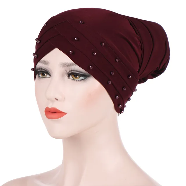 Milk Silk Beaded Long Tail Turban Muslim Stretch Women
