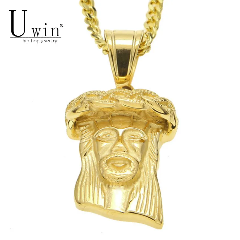 

UWIN Men Women Hip hop Pendant Iced Out Stainless steel Gold Jesus Head Face Pendant Necklace Cuban Chain Punk Jewelry