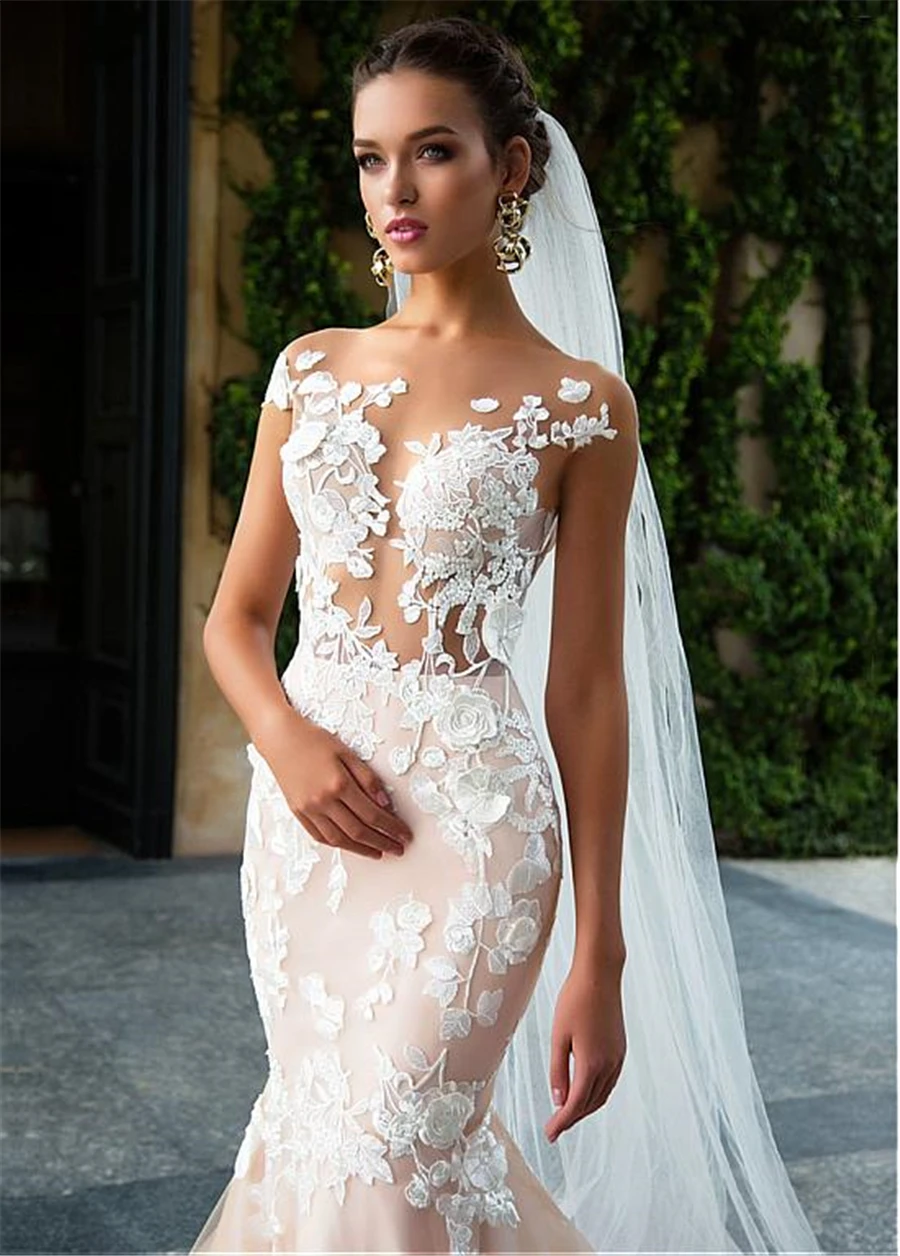 Glamorous-Tulle-Jewel-Neckline-See-through-Bodice-Mermaid-Wedding-Dresses-With-3D-Lace-Appliques-Pink-Bridal (2)