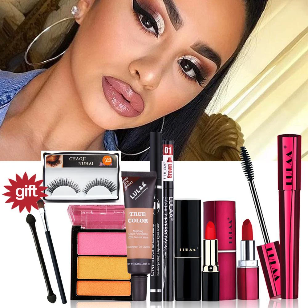 

LULAA Make up Set 7 PCS Face Powder Foundation Lipstick Eyeshadow Eyeliner Mascara Eyebrow pencil Ladies Makeup Kit Gift