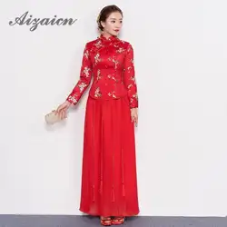 Rojo de novia estilo chino vestido de novia Cheongsam манга larga bordado Qipao vestido tradicional bata Chinoise 2019