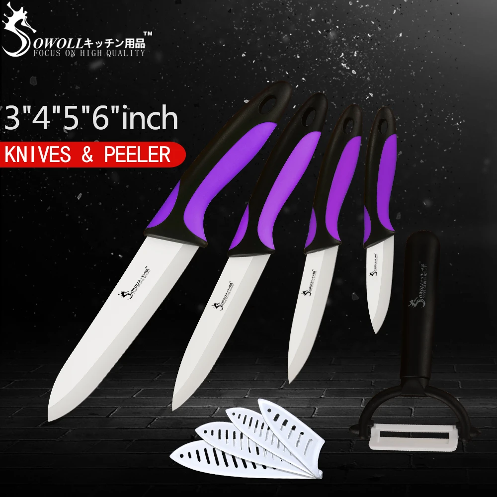 SOWOLL Керамика Кухня Набор ножей фиолетовый и черный Ручка Sharp циркония лезвие