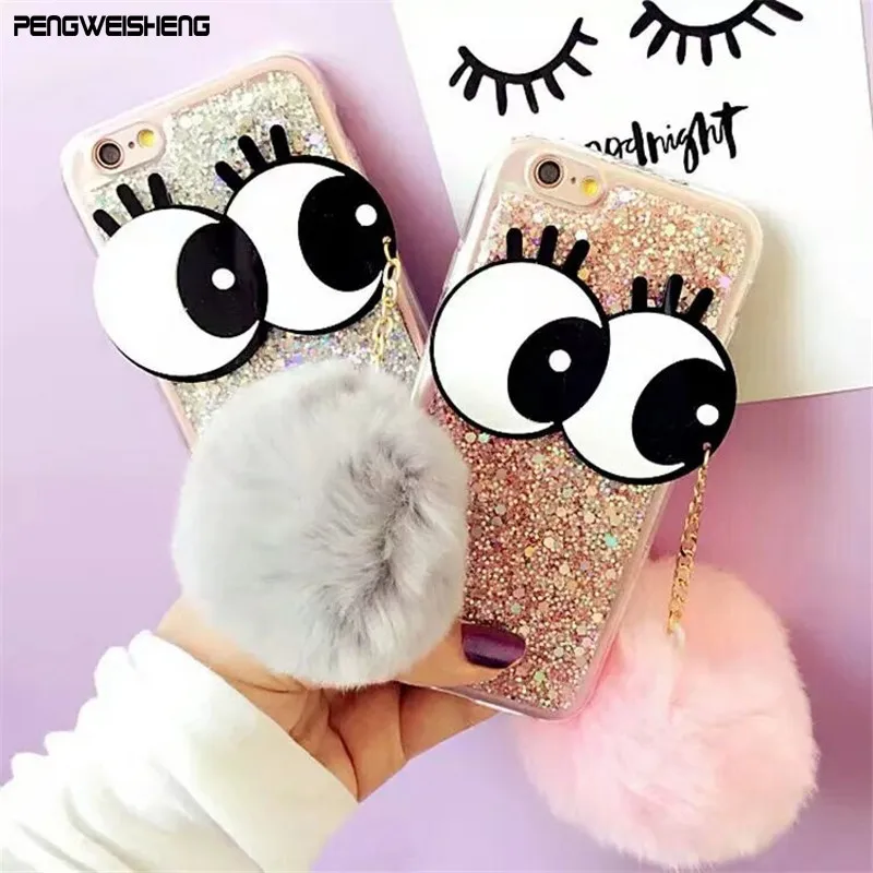 Luxury Fashion Soft Plush Rabbit fur Fluffy ball Fuzzy Eyes Phone Case For iPhone 6 6S Plus 7 7plus X Phone Back Cover Case