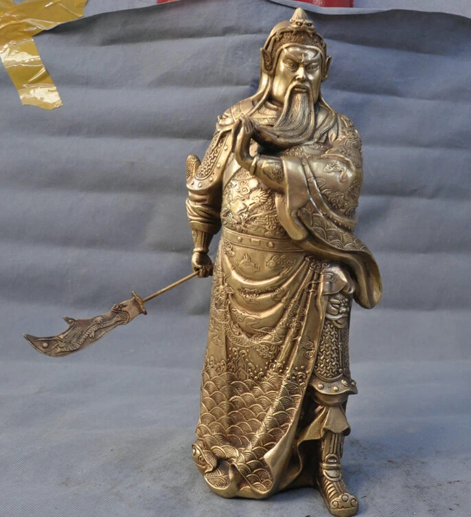 

15'' China Bronze Warrior Guangong Hold Sword Guanyu Dragon Statue decoration bronze factory outlets