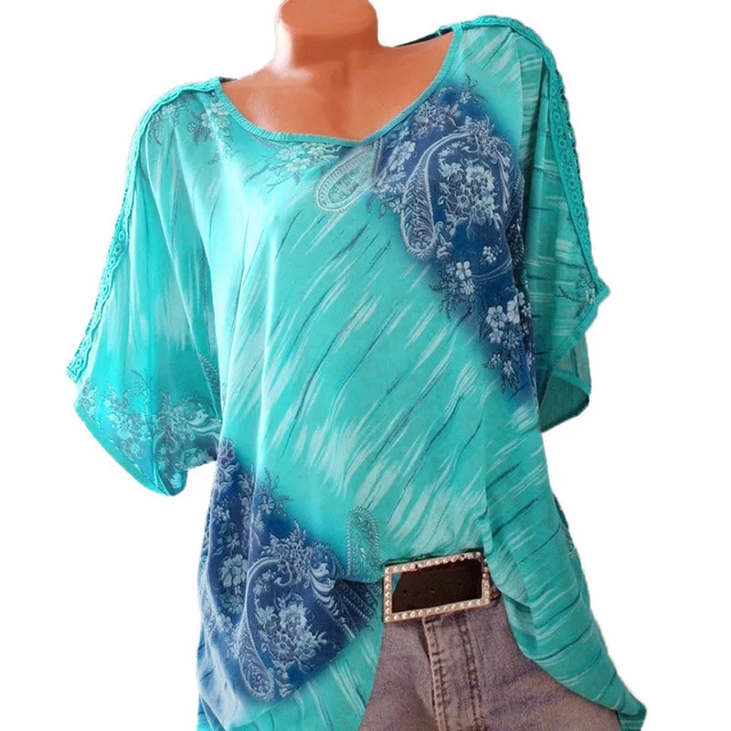 

Summer Short Sleeve Spring S-5XL Plus Size Women Tops O Neck Floral Print Loose Blouses Casual Lace Fashion Tops Shirts Blouses