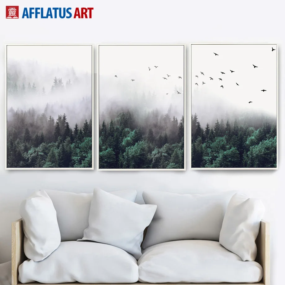

Green Forest Bird Sky Landscape Wall Art Canvas Painting Poster and Print Nordic Poster Wall Pictures For Living Room Home Decor