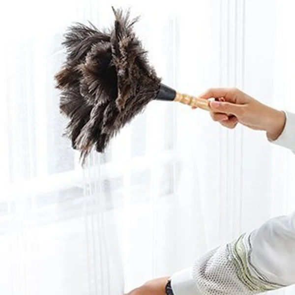 Anti-Static Ostrich Feather Fur Brush Duster Dust Cleaning Tool Wooden Handle