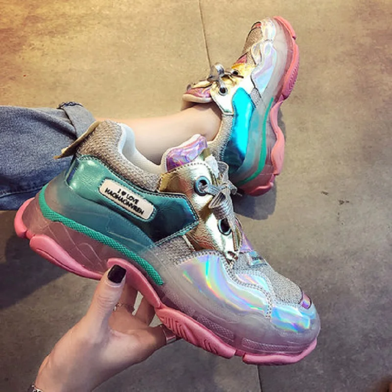 

European station 2019 new jelly rainbow end casual shoes colorful fashion wild net red old shoes women shoes tide