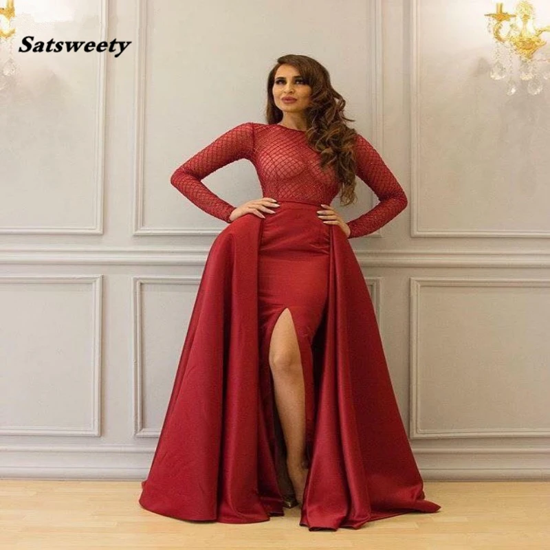 Satsweety Saudi Arabische Bourgondië Avondjurk Met Afneembare Rok Lange Mouwen Side Split Vrouwen Lange Mermaid Prom Dresses 2020