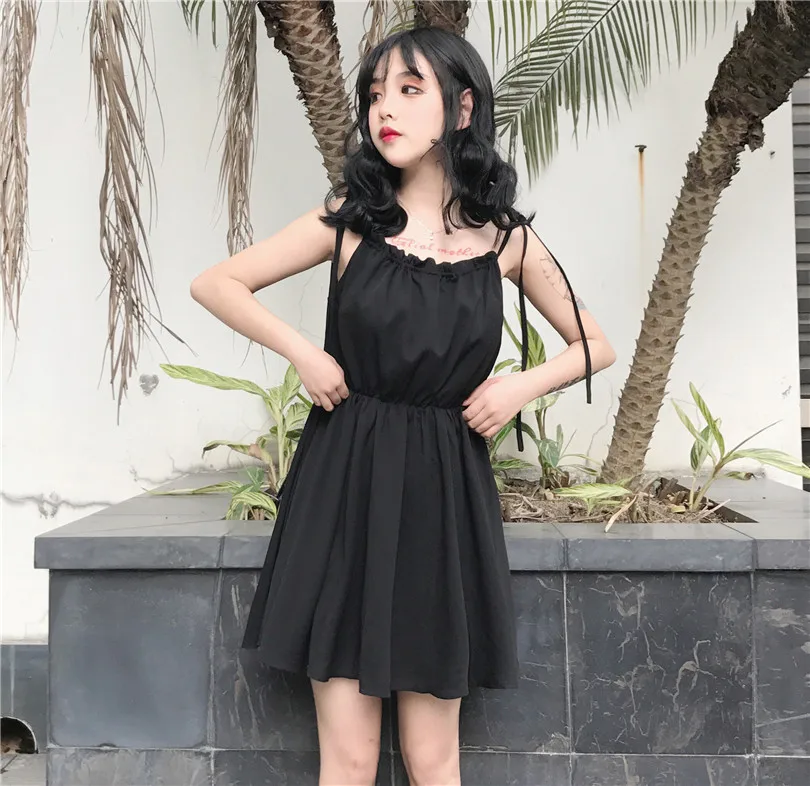 

Summer New Fashion Vintage Dress Black Elegant Strap Mini Dress