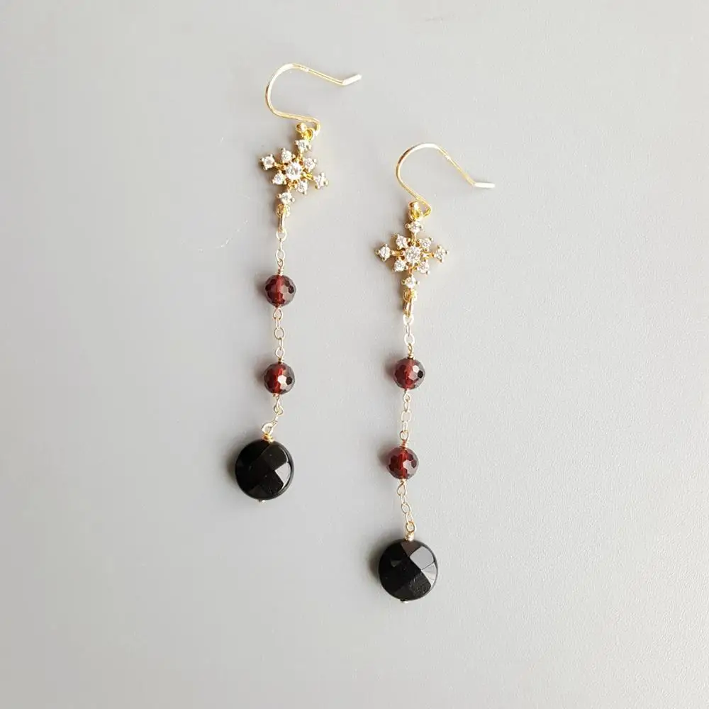 

Lii Ji Genuine Black Agates Onyx Garnet Zircon Snowflake Drop Delicate S925 Earrings Hook Earrings