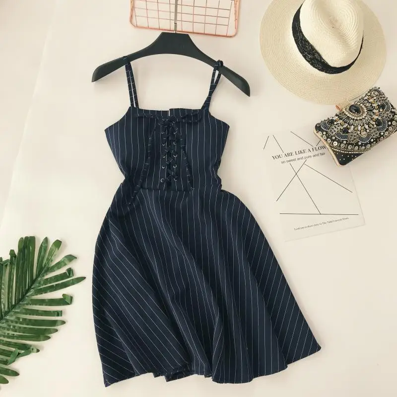 Ceny ALPHALMODA kobiety nowe klasyczne paski sukienka sling z koronką wysokiej talii Slim Fit panie linii Vintage lato Vestidos