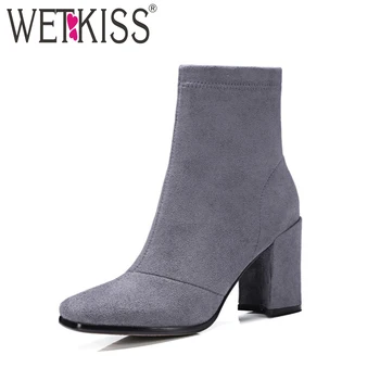 

WETKISS Genuine Suede Leather Women Boots Concise Square toe Ankle Zipper Boot Thick High Heeled Shoes Woman Autumn Winter Boots