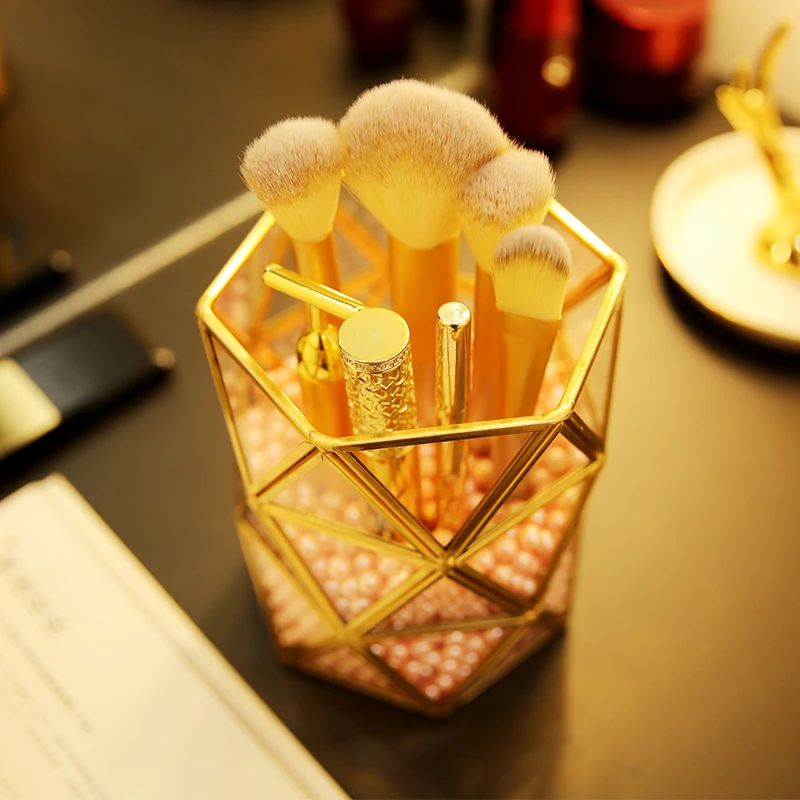 ANFEI Golden Glass Makeup Brush Storage Jewelry Holder Geometric Storage With Pearls Jewelry Organizer Box Dressing Table Decor