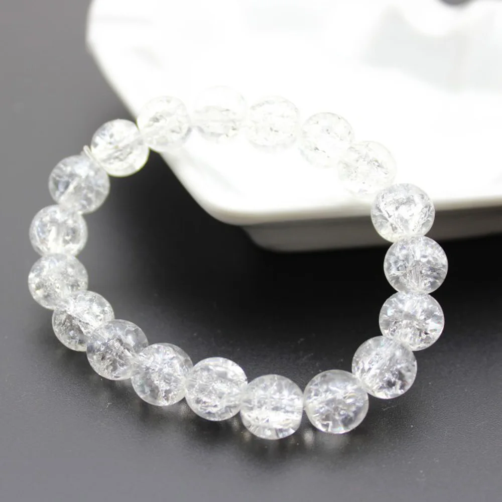 Women's 8mm 10mm Cracked Quartz Crystal Beaded Round Glass Beads Stretch Bracelet Bangle Bracelets Women Girl Charm Wrap Jewelry