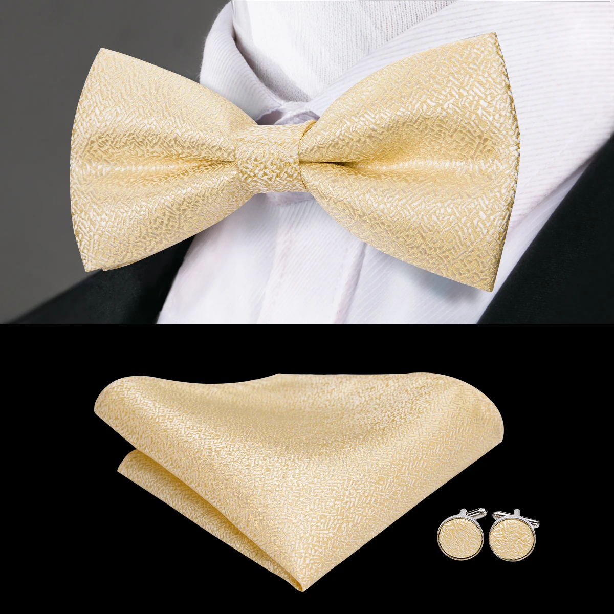 

Hi-Tie Brand Designer Gold Fashion Men's Bow Tie High Quality Silk Hand Woven Weddding Bowtie Handky Cufflinks Bowties LH-771