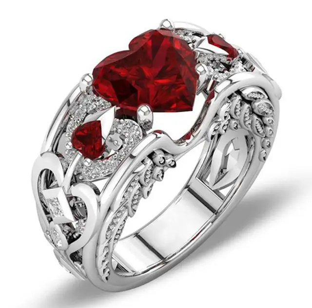 Angel Wing Heart Ring silver Plated Heart stone Engagement Gift for