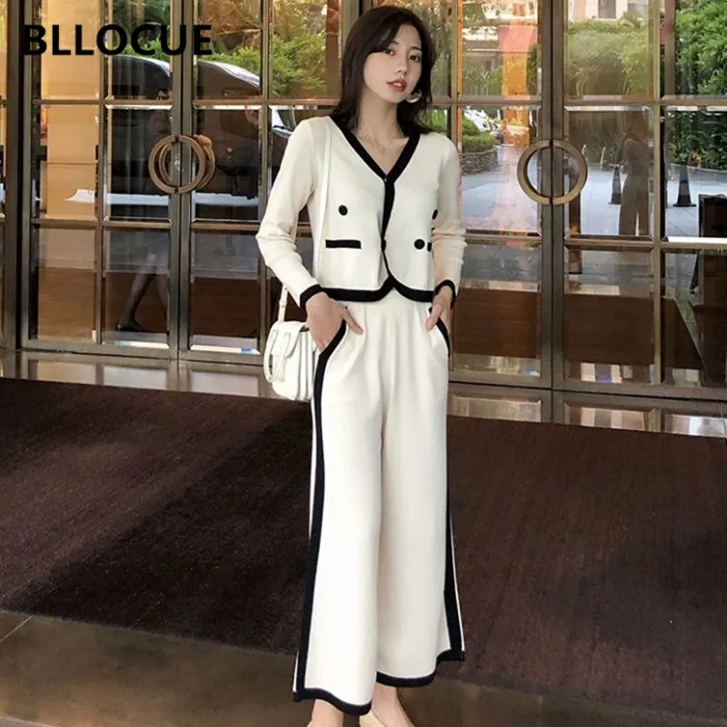 

BLLOCUE 2019 New Autumn Winter Fashion Women's Knitting Crop Cardigan Top+Wide Leg Pants Two Piece Lady Office Knitting Suit