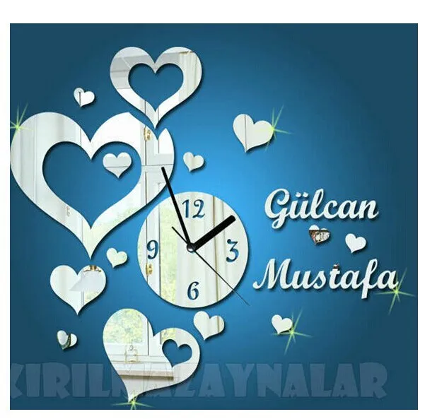 Personalized LOVE Record Mirror Wall Clock , Customised Name Order , 3D Heart &Name Mirror Wall Clock Deco&Murals