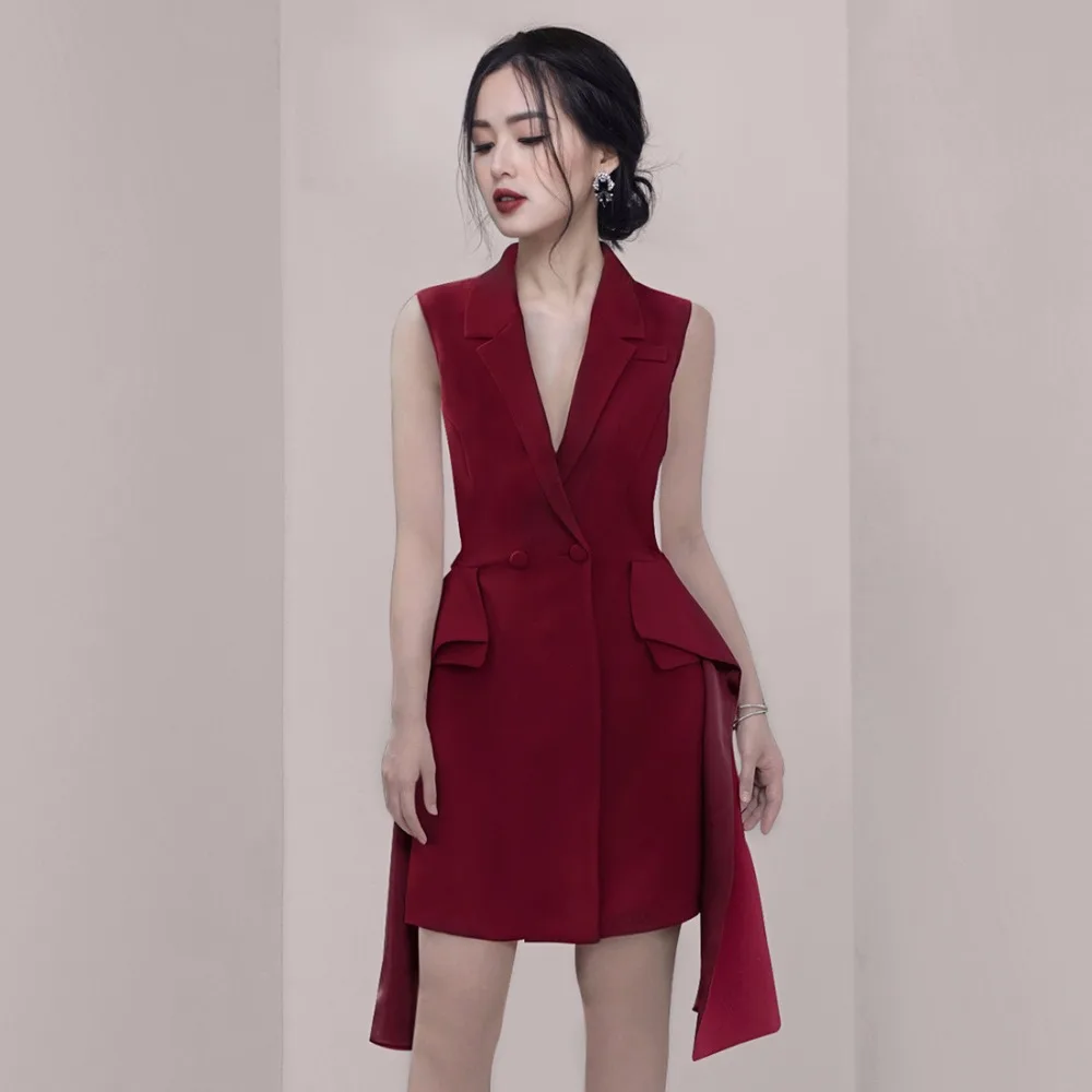 2019 Мини Платье Сексуальное знаменитое с отложным воротником женское без рукавов
