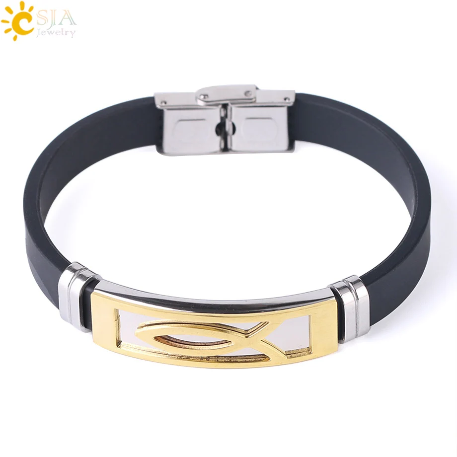 

CSJA Black Silicone Bracelet Stainless Steel Jesus Fish Jewelry High Quality Vintage Punk Men Bracelets & Bangles Handmade S179