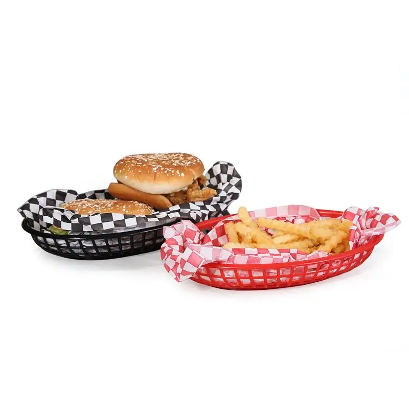 6 шт. 9,5 ''красная корзина для картофеля фри пластиковые тарелки для пикника черный овальный Быстрый бургер, сэндвич сервировочный лоток ужин Bandeja Ресторан