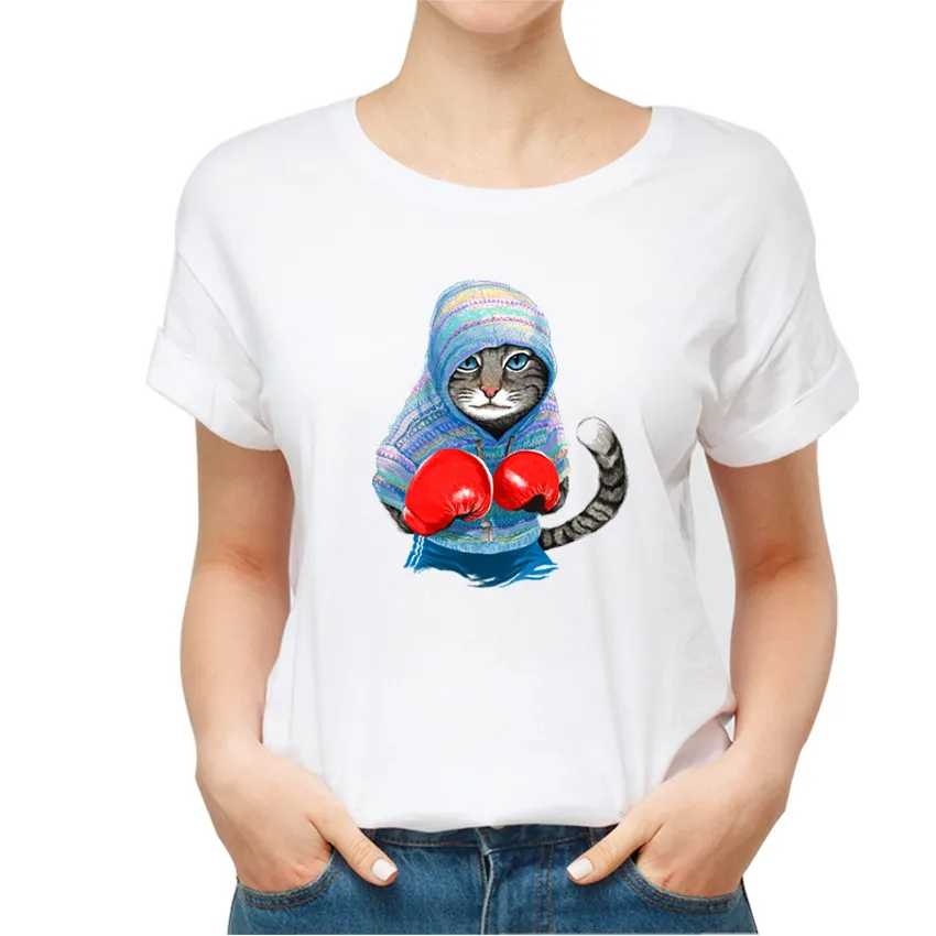 

Summer Style Novelty Animal Female Tshirt Funny 3D Boxing Cat Printing Harajuku Women's T shirt Casual Fashion Lady T-shirt Tops