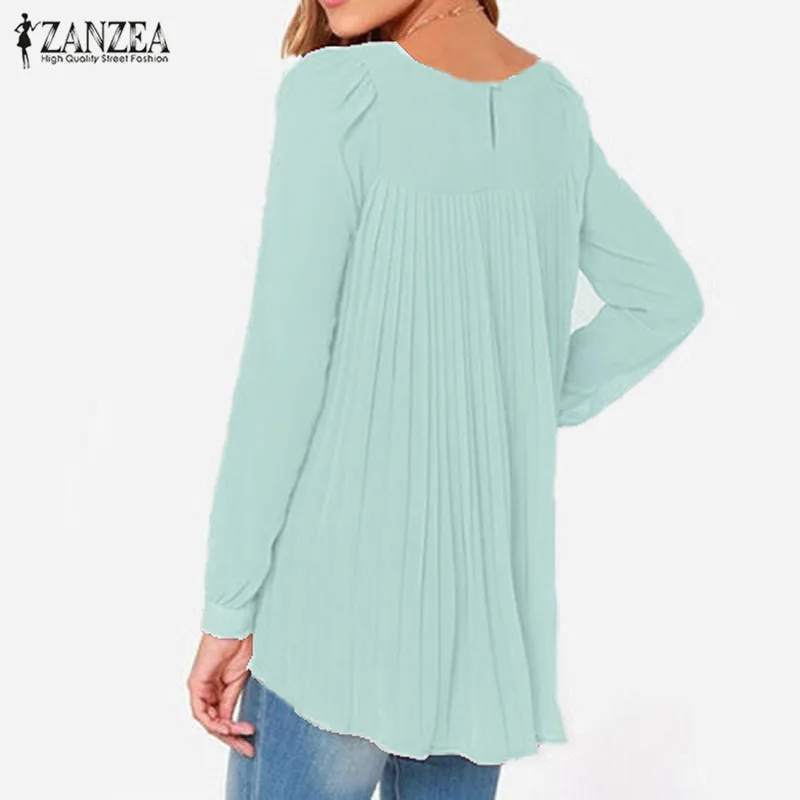 ZANZEA, осенне-летняя шифоновая блузка, женские топы, офисные плиссированные рабочие блузы, Блузы туники с длинным рукавом, рубашки размера плюс 5XL