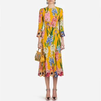 

High quality heavy water soluble embroidery stitching fashion hyacinth print high waist slim dress 2019 spring new female