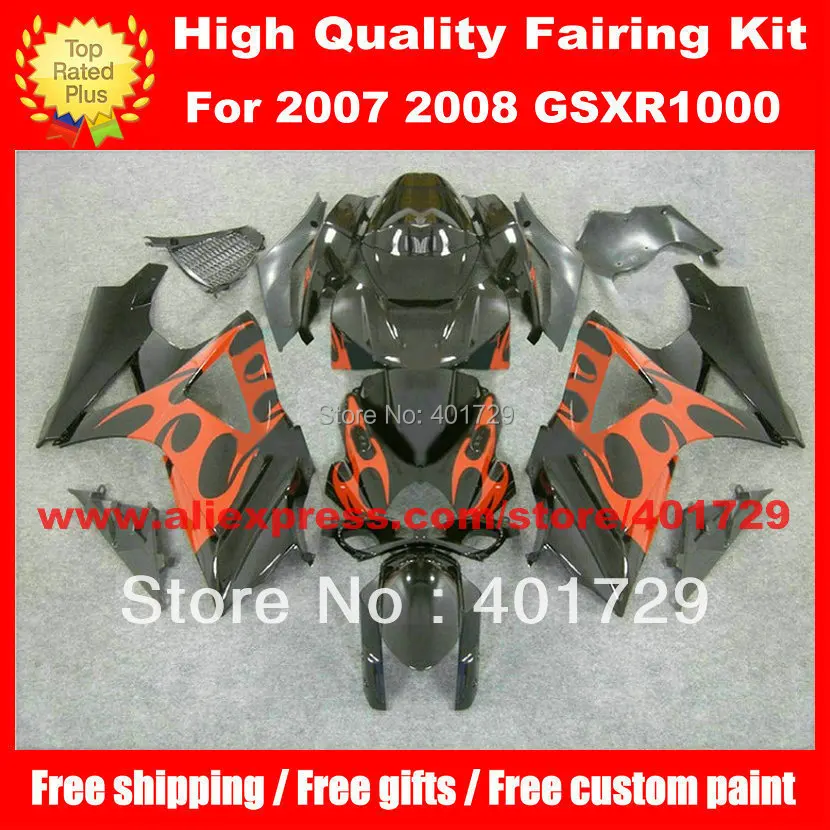 Custom race fairing kit for Suzuki GSXR1000 2007 2008 GSX-R1000 K7 orange flame in glossy black | Автомобили и мотоциклы