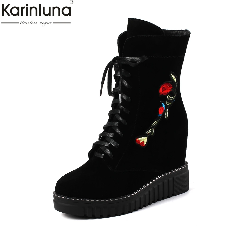 

KARINLUNA 2018 Cow Suede Leather Fashion Zip Up Ankle Boots Woman Shoes High Heels Add Fur Winter Boots Female Shoes Woman