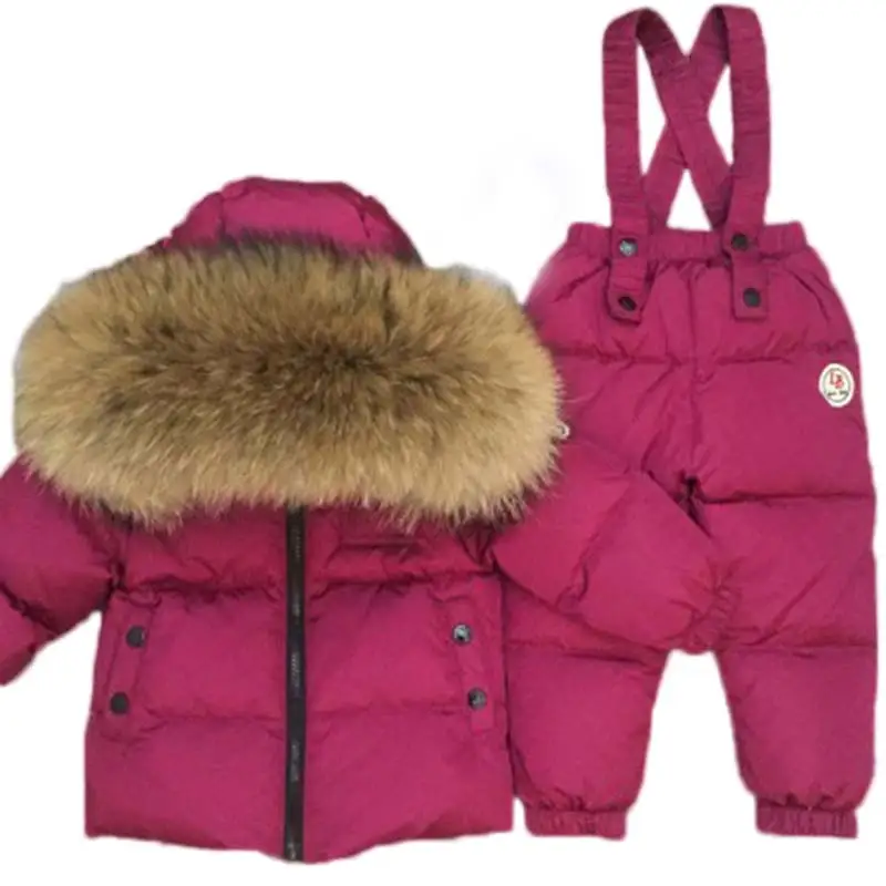 

Russia -40degree Polished/glossy baby snowsuit Children boys girls winter down jacket suit thick coat+jumpsuit kids clothes set