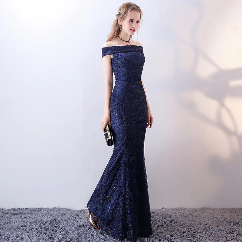 Robe De Soiree,, темно-синее кружевное вечернее платье русалки, для невесты, тонкое, сексуальное, с вырезом лодочкой, длина до пола, вечерние платья русалки для выпускного вечера