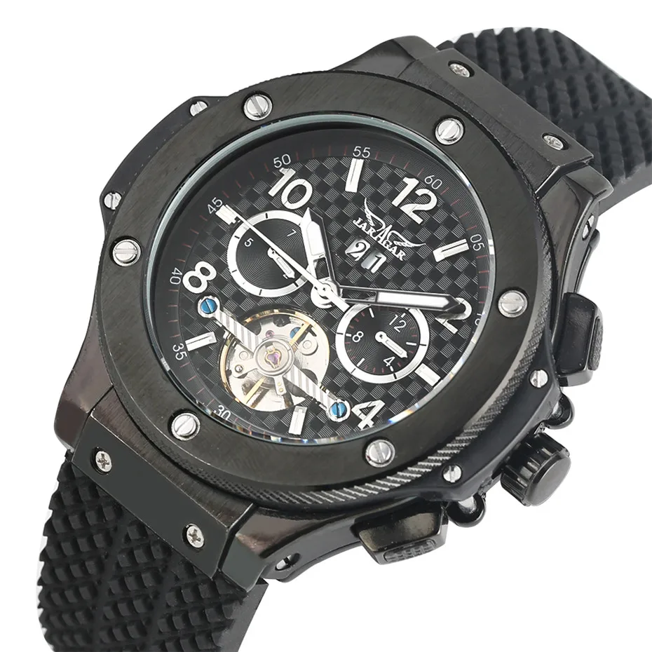 

Sport Men Watch Mechanical Self Winding Waterproof Silicone Watch Strap Cool Black JARAGAR Man Clock reloj para hombre