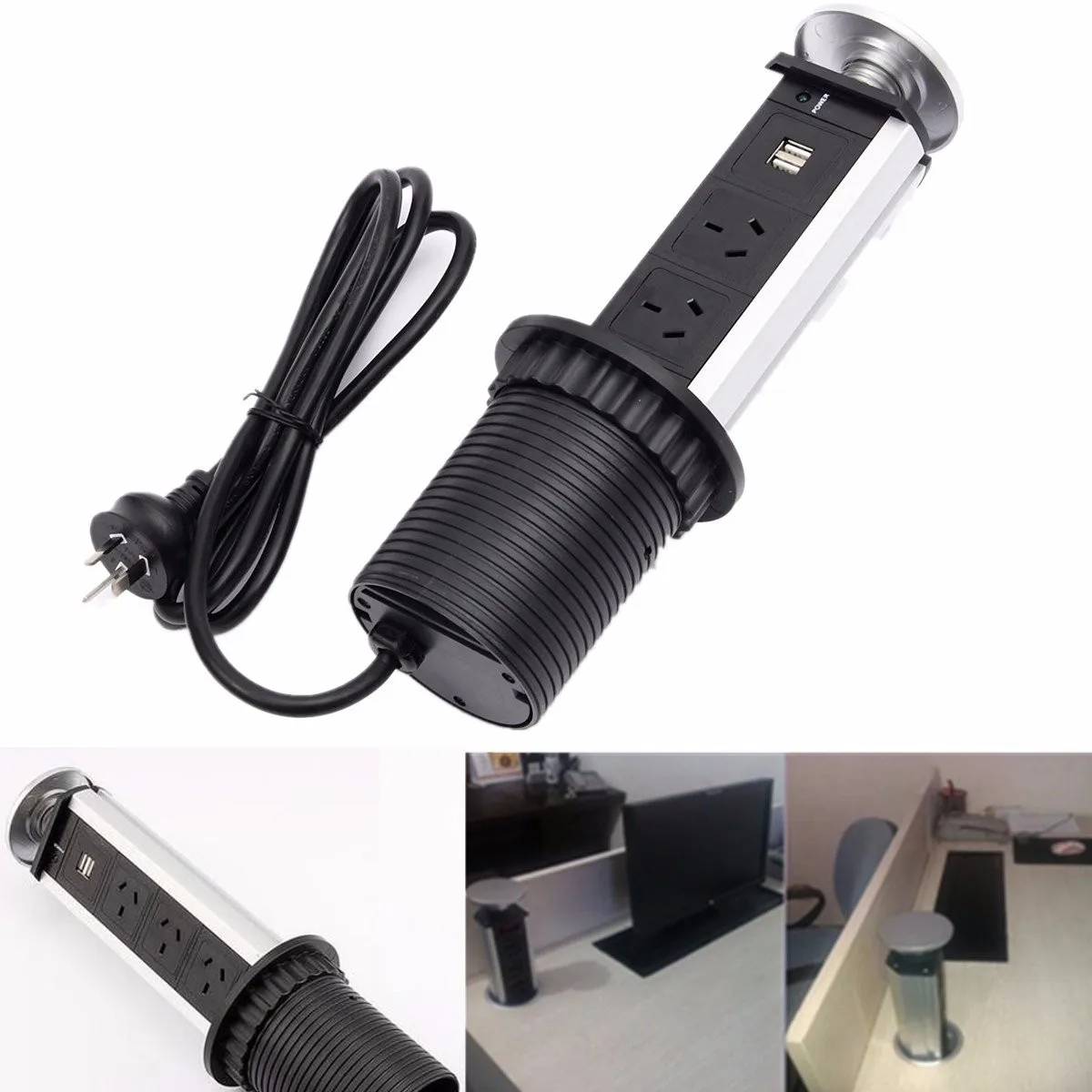 

3 Plug Dual USB Pull Pop Up Power Socket Charger for Home Office Kitchen Worktop Desk Electrical Socket EU Plug