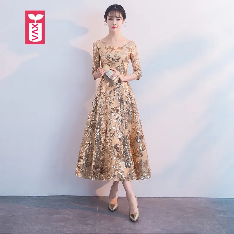 

XVA Custom-make Banquet Womens Wedding long Ball Bandage Dress Formal Evening Gold Flower Sequins Mid-Calf Dress 2018