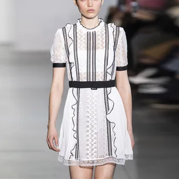 

European Self Portrait Designer Dress 2019 Women Vintage Ruffles Hollow Out Lace Patchwork Mini Dress A-line Slim Dress