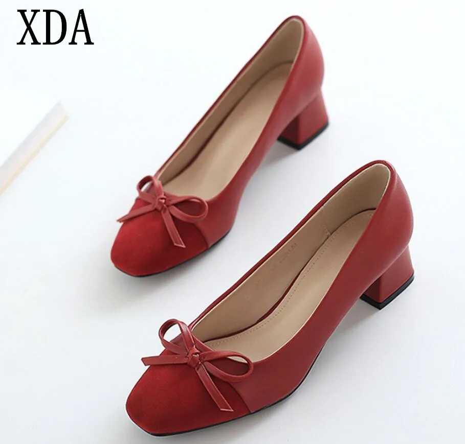 

XDA 2019 fashion Shallow Women Shoes Comfortable Slip on Casual Shoes Leisure Bow mid heel Square Head Single Shoes