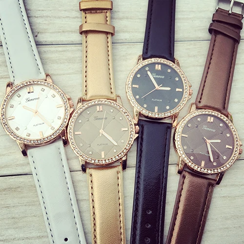 

New Arrival Women Geneva Rhinestone Checker Dial Faux Leather Band Quartz Analog Wrist Watch  8HQT