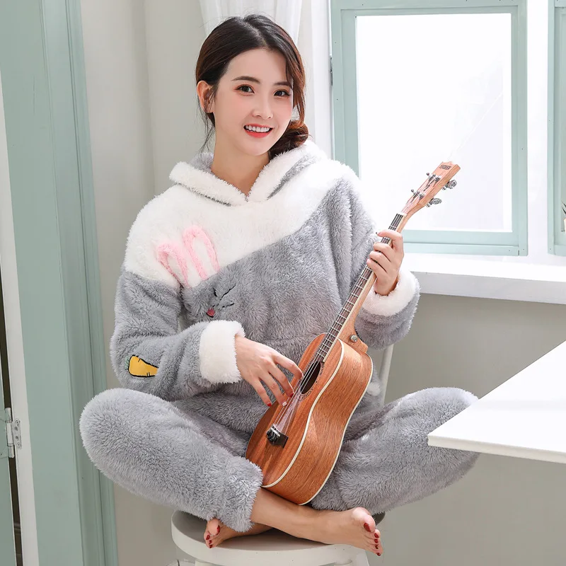 JINUO Популярные коралловые Флисовые женские пижамные комплекты с капюшоном