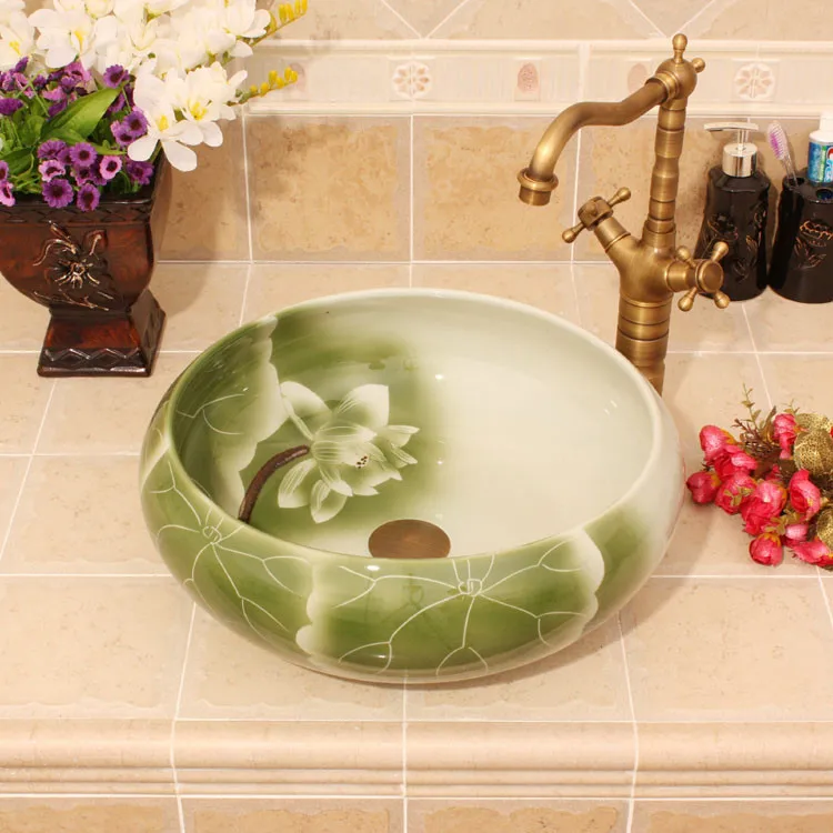 Lotus pattern chinese wash basin sink bathroom sink bowl countertop