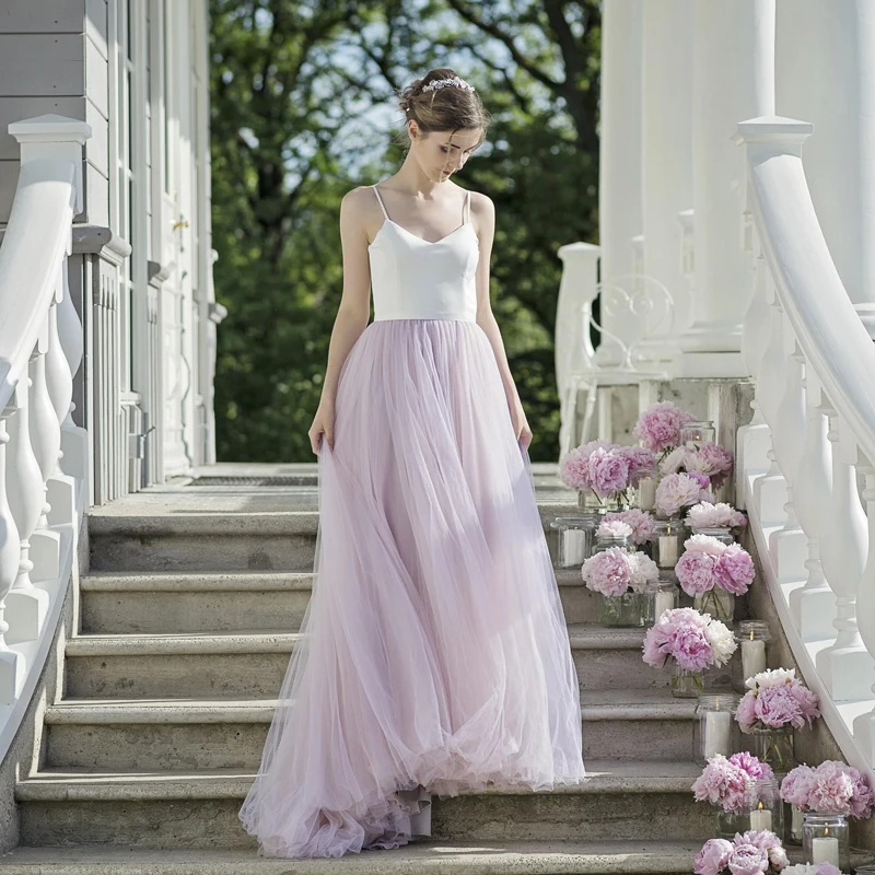 Simple Lilac Beach Wedding Dresses Tulle Spaghetti Straps 2018