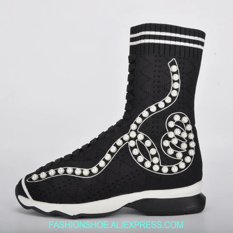 

Brand Design High-top sneakers Casual Platform Flats Knitting Sock Boots Mid Calf Slip On Slim Women Boots Pearl Decor Booties