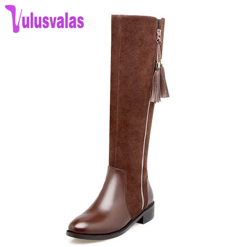 

Vulusvalas Genuine Thick Fur Winter Women Boots Zipper Side Knee High With Warm Fur Real Natural Leather Boots Women Size 34-39