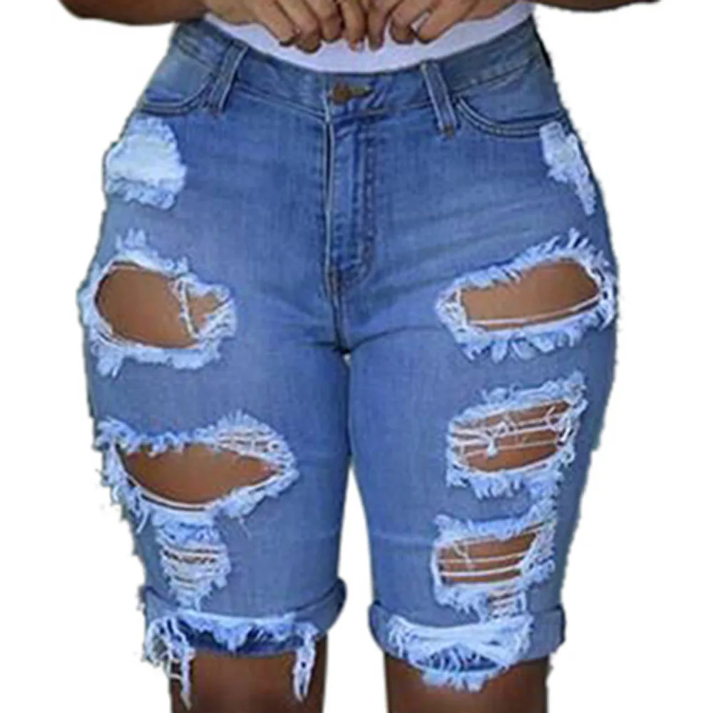 

Womens solid Denim Skinny Short Jeans Feminino hole Leggings Destroyed Bermuda Shorts Jeans Pants With High Waist Summer